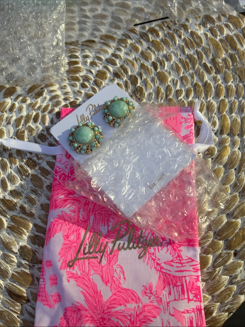 Lilly Pulitzer Mint Green Floral Halo Stud Earrings with Gold Trim